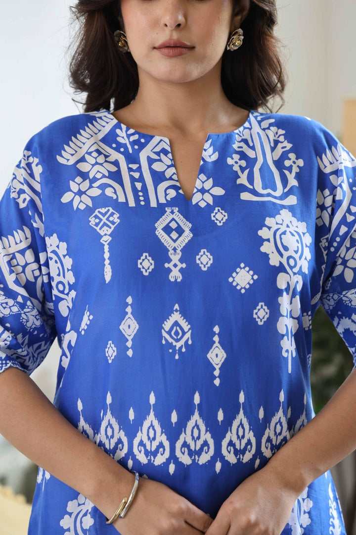 KARENA BLUE COTTON KURTA SET - Kaajh