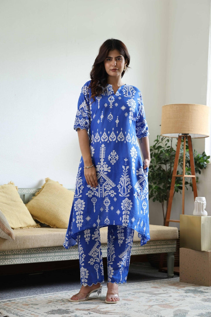 KARENA BLUE COTTON KURTA SET - Kaajh