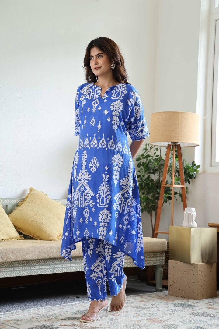 KARENA BLUE COTTON KURTA SET - Kaajh