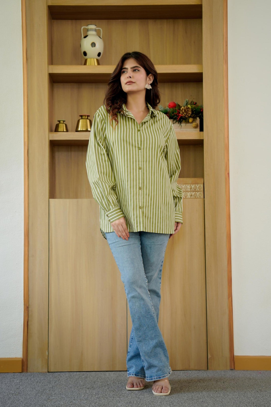 KIARA OLIVE GREEN &amp; WHITE STRIPE SHIRT - Kaajh