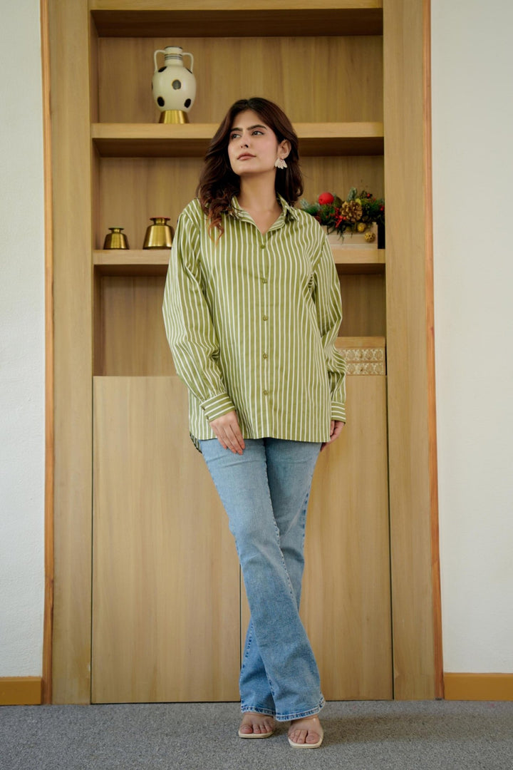 KIARA OLIVE GREEN &amp; WHITE STRIPE SHIRT - Kaajh