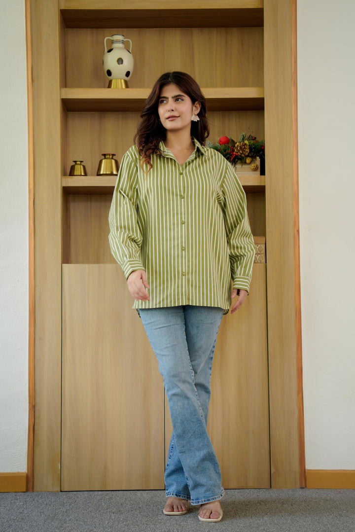 KIARA OLIVE GREEN &amp; WHITE STRIPE SHIRT - Kaajh