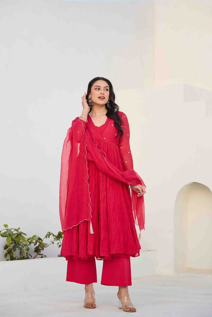 MIRA RED ANARKALI KURTA SET - Kaajh