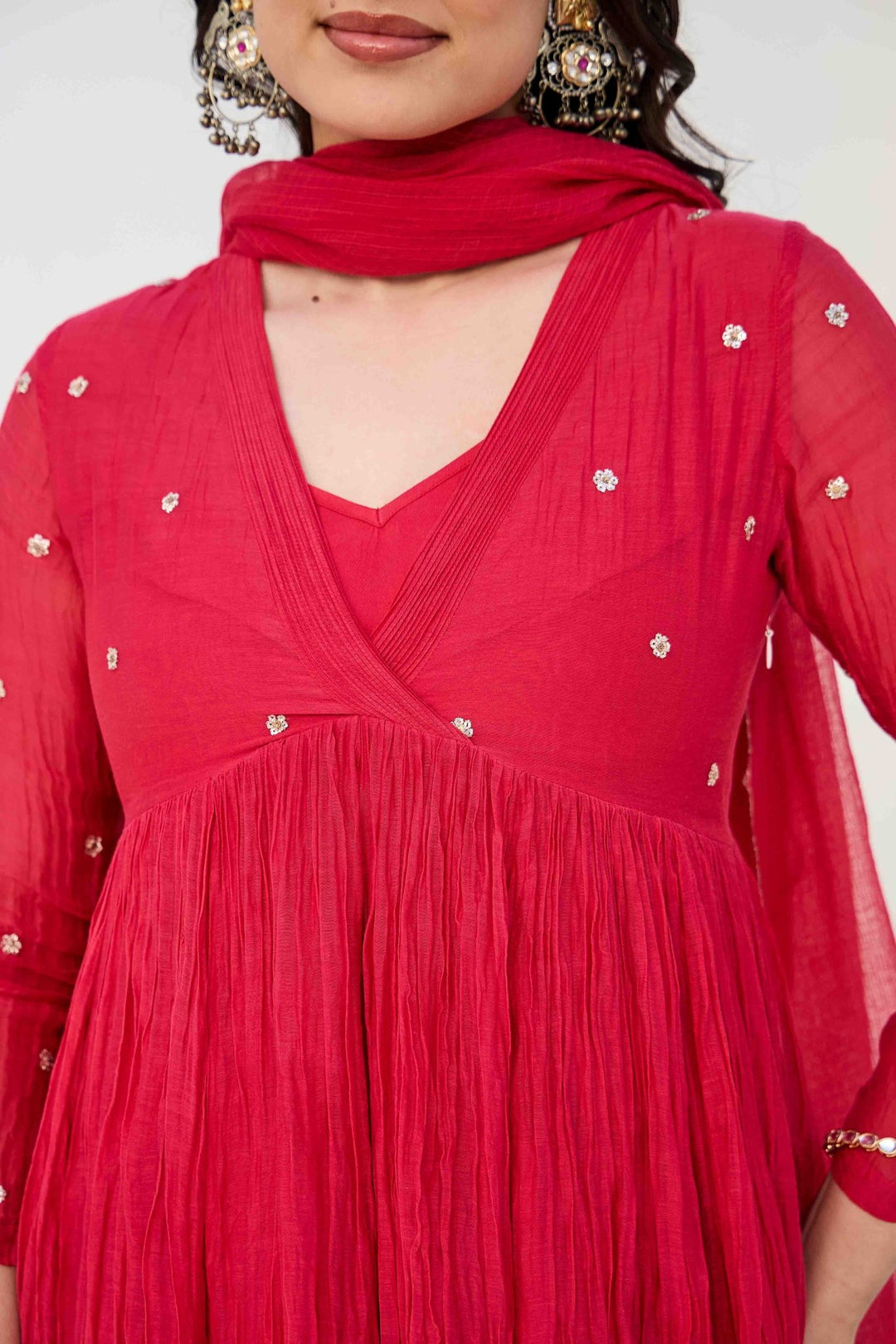MIRA RED ANARKALI KURTA SET - Kaajh