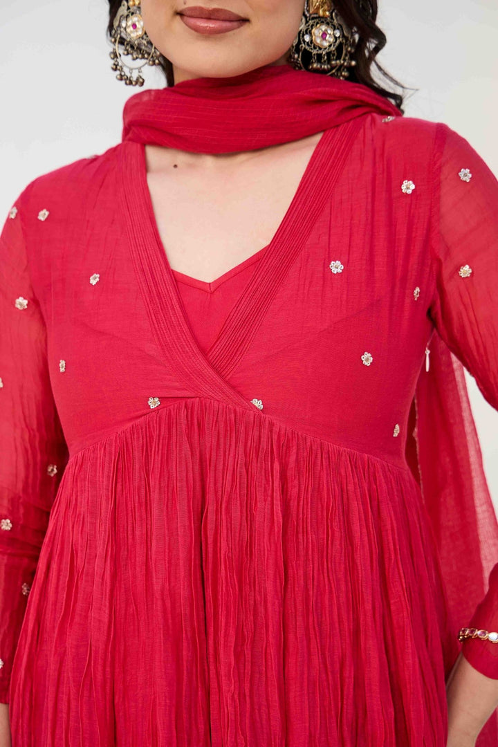 MIRA RED ANARKALI KURTA SET - Kaajh