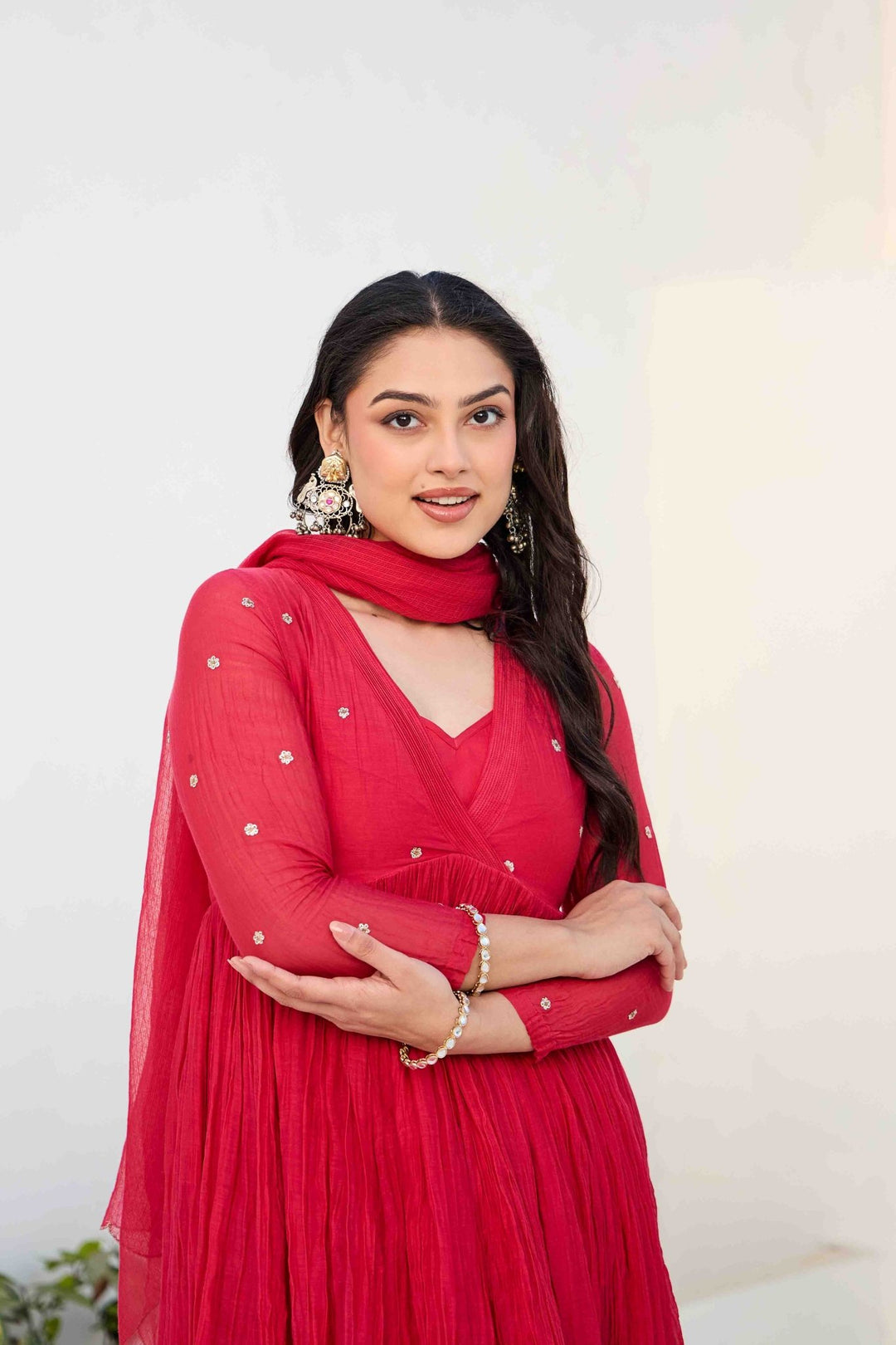 MIRA RED ANARKALI KURTA SET - Kaajh