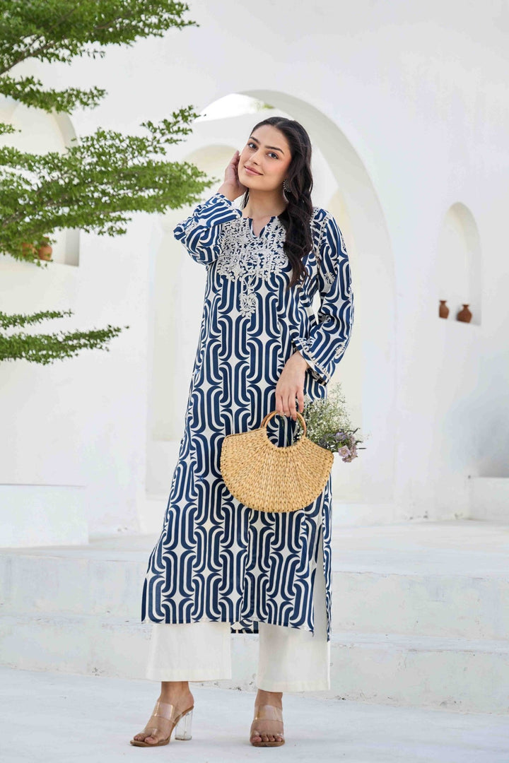 NOOR BLUE CHIKANKARI EMBROIDERED KURTA - Kaajh