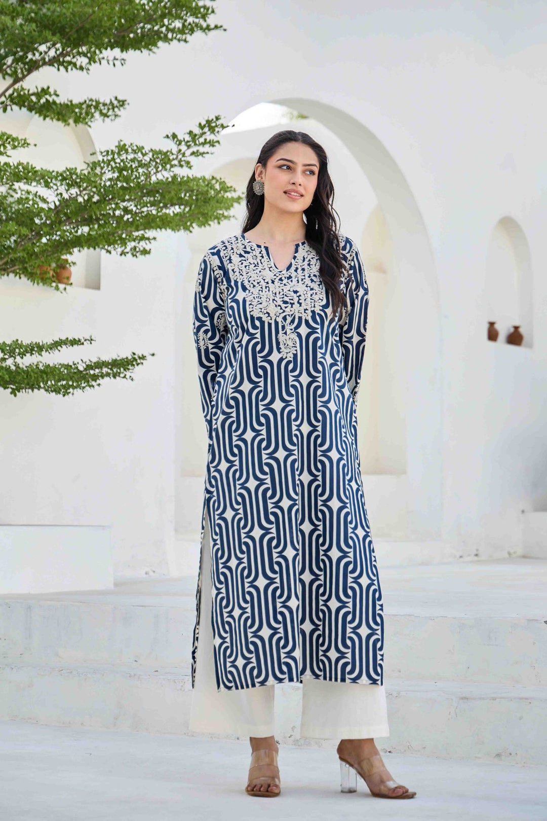 NOOR BLUE CHIKANKARI EMBROIDERED KURTA - Kaajh