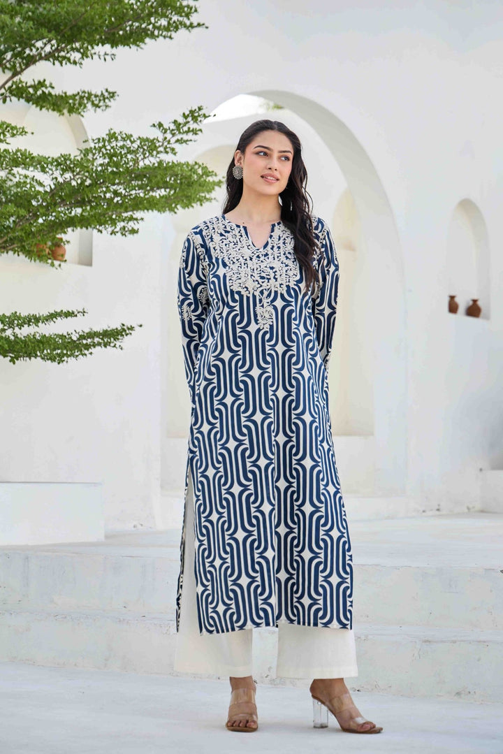 NOOR BLUE CHIKANKARI EMBROIDERED KURTA - Kaajh