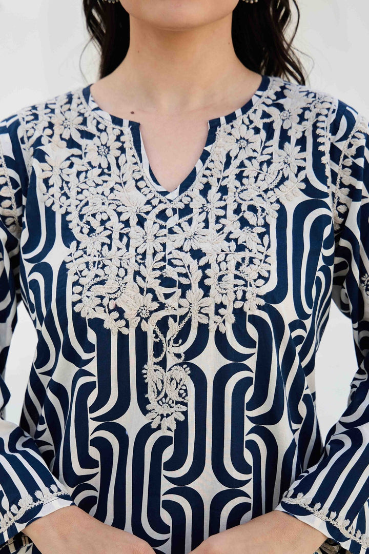 NOOR BLUE CHIKANKARI EMBROIDERED KURTA - Kaajh