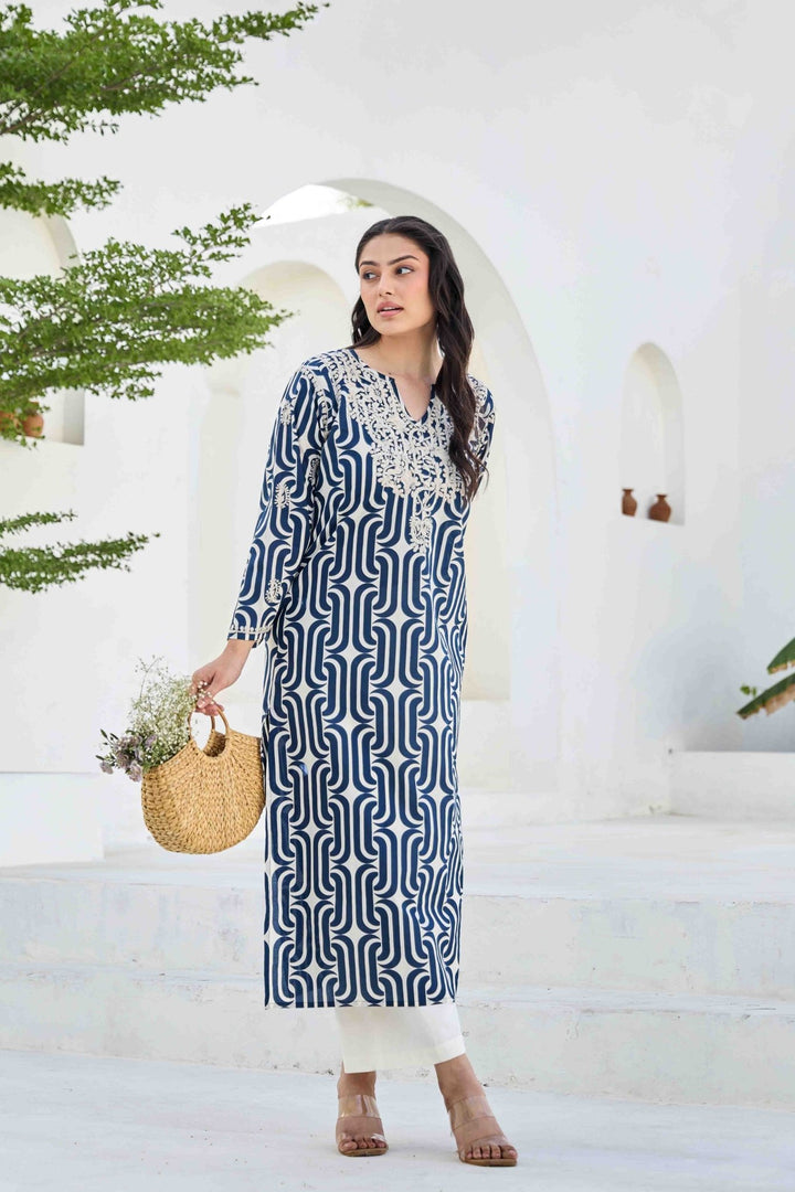 NOOR BLUE CHIKANKARI EMBROIDERED KURTA - Kaajh