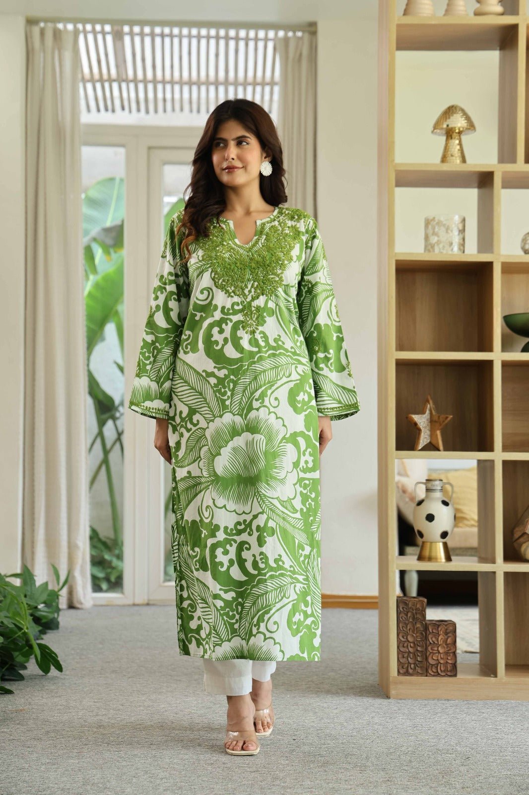 NOOR GREEN CHIKANKARI EMBROIDERED KURTA - Kaajh