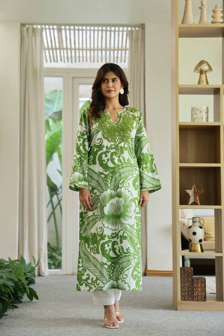 NOOR GREEN CHIKANKARI EMBROIDERED KURTA - Kaajh