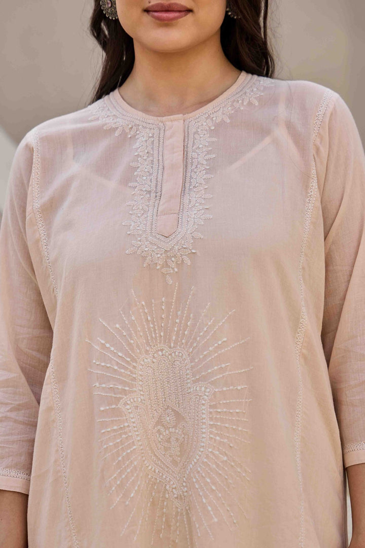 NOOR PEACH CHIKANKARI EMBROIDERED KURTA - Kaajh
