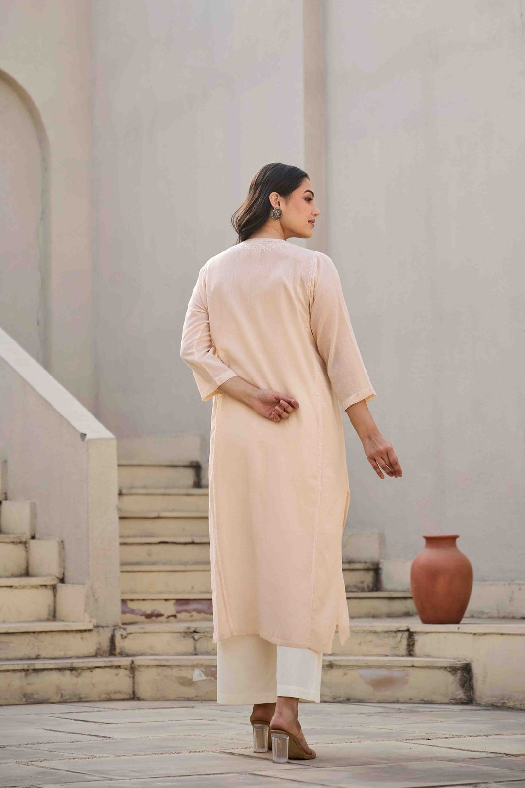 NOOR PEACH CHIKANKARI EMBROIDERED KURTA - Kaajh