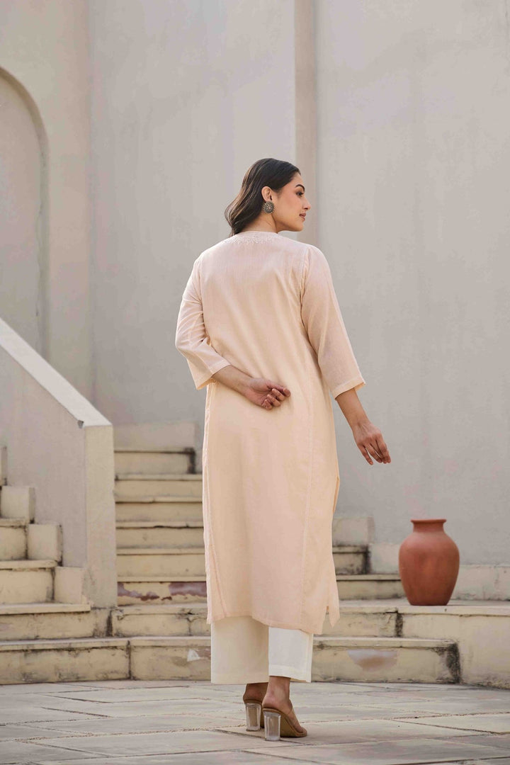 NOOR PEACH CHIKANKARI EMBROIDERED KURTA - Kaajh