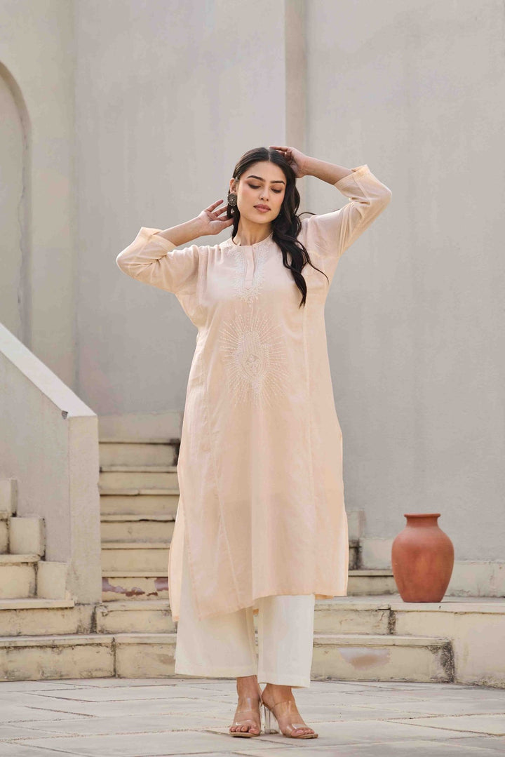 NOOR PEACH CHIKANKARI EMBROIDERED KURTA - Kaajh