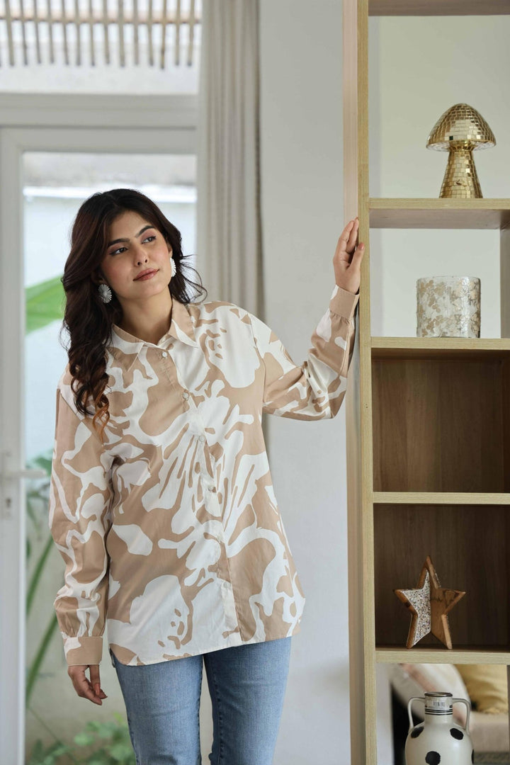 SARA BEIGE COTTON POPLIN SHIRT - Kaajh