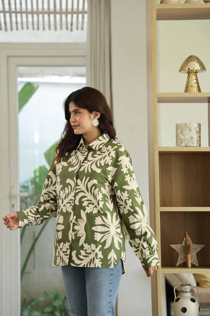 SARA GREEN COTTON POPLIN SHIRT - Kaajh