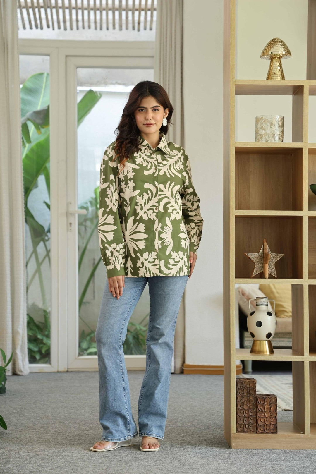 SARA GREEN COTTON POPLIN SHIRT - Kaajh