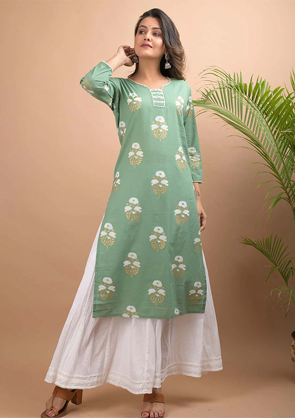 Buy Green Floral Cotton Short Kurti for Women | Best Casual Full Sleeve Kurta