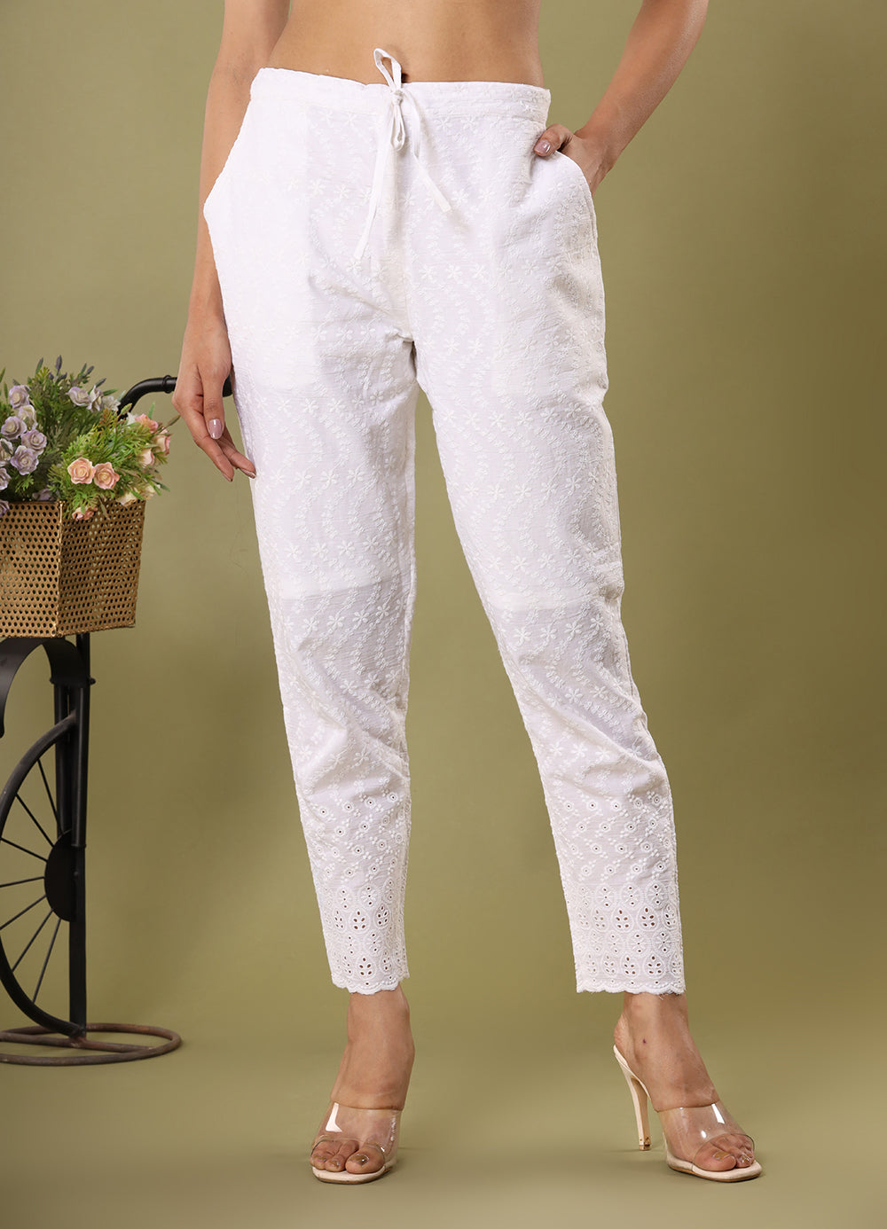 White Schiffli Embroidered  Trousers