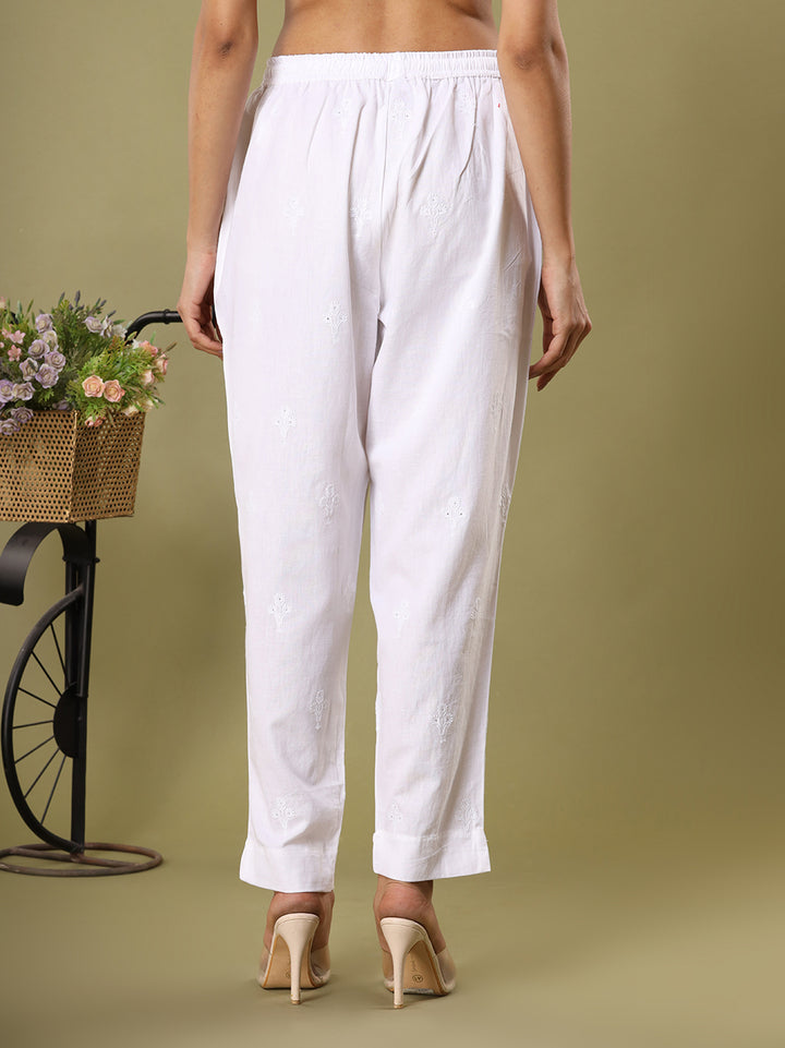 White Flower Embroidered Trousers