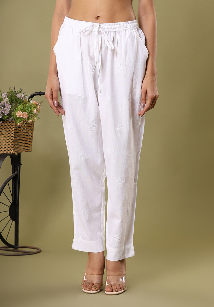 White Flower Embroidered Trousers