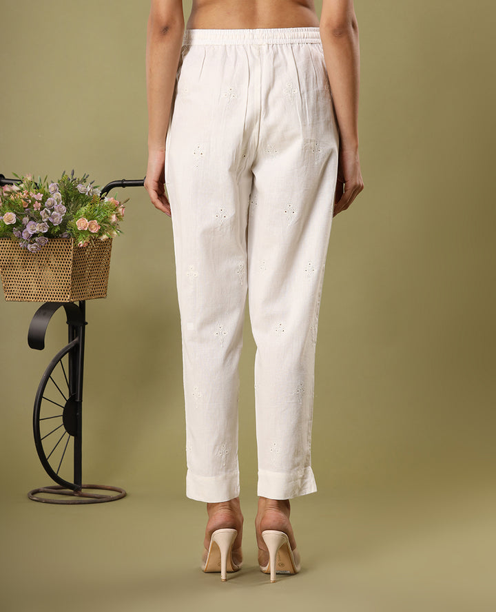 Ivory Flower Embroidered Trousers