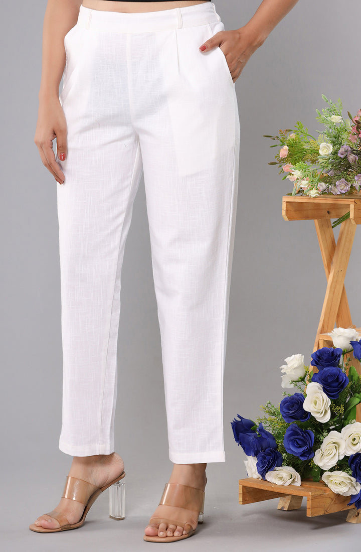 Women White Cotton Straight Trouser (set of 1)
