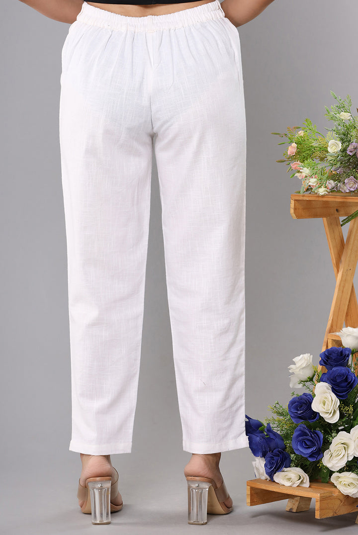 Women White Cotton Straight Trouser (set of 1)