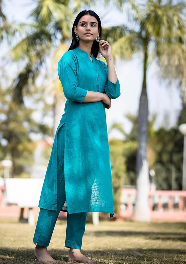  Buy Teal Green Cotton Casual Kurta | Best Designer Long Kurtis for Women
