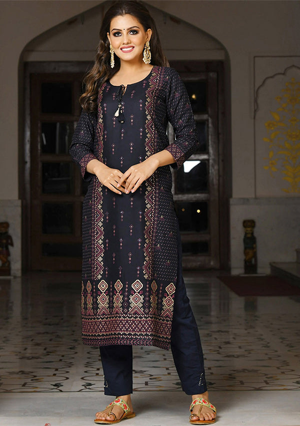 Buy Blue Gold Cotton Kurti and Pant Set | Best Ethnic Dress for Women