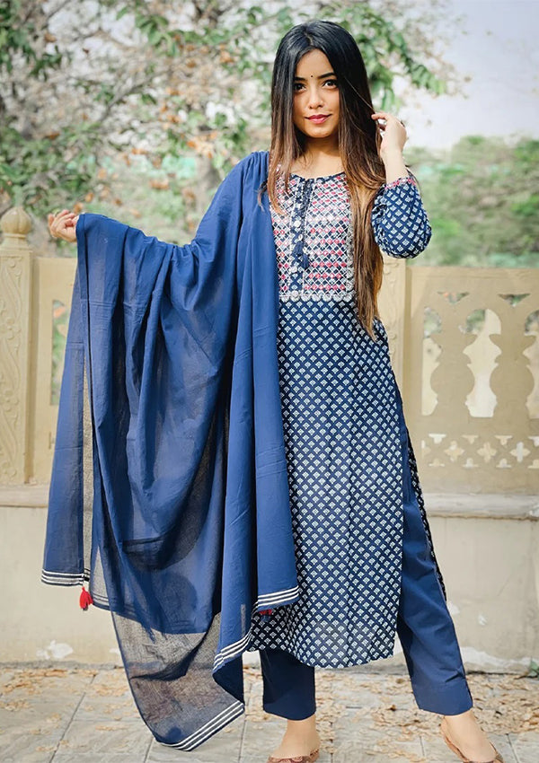 Buy a Navy Blue Cotton Salwar Suit for Ladies | Best Suit Set for Festival Online