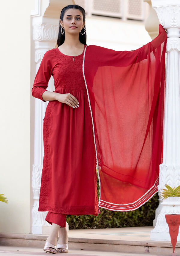 Buy Red Chikankari Suit Set For Women | Kaajh 