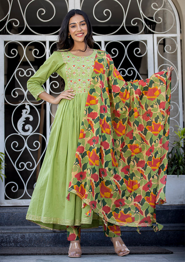 Green Floral Printed Embroidery Cotton Suit Set (pack of 3)