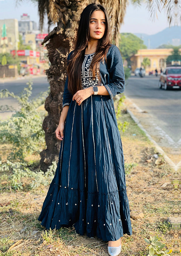 Blue Mirror Embroidered Ethnic Gown