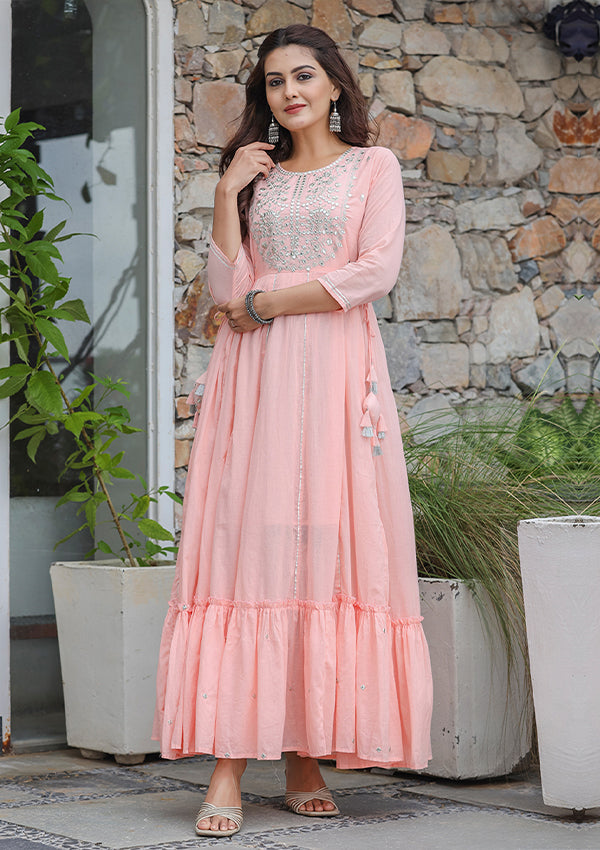 Pink Mirror Embroidered Ethnic Gown (set of 1)