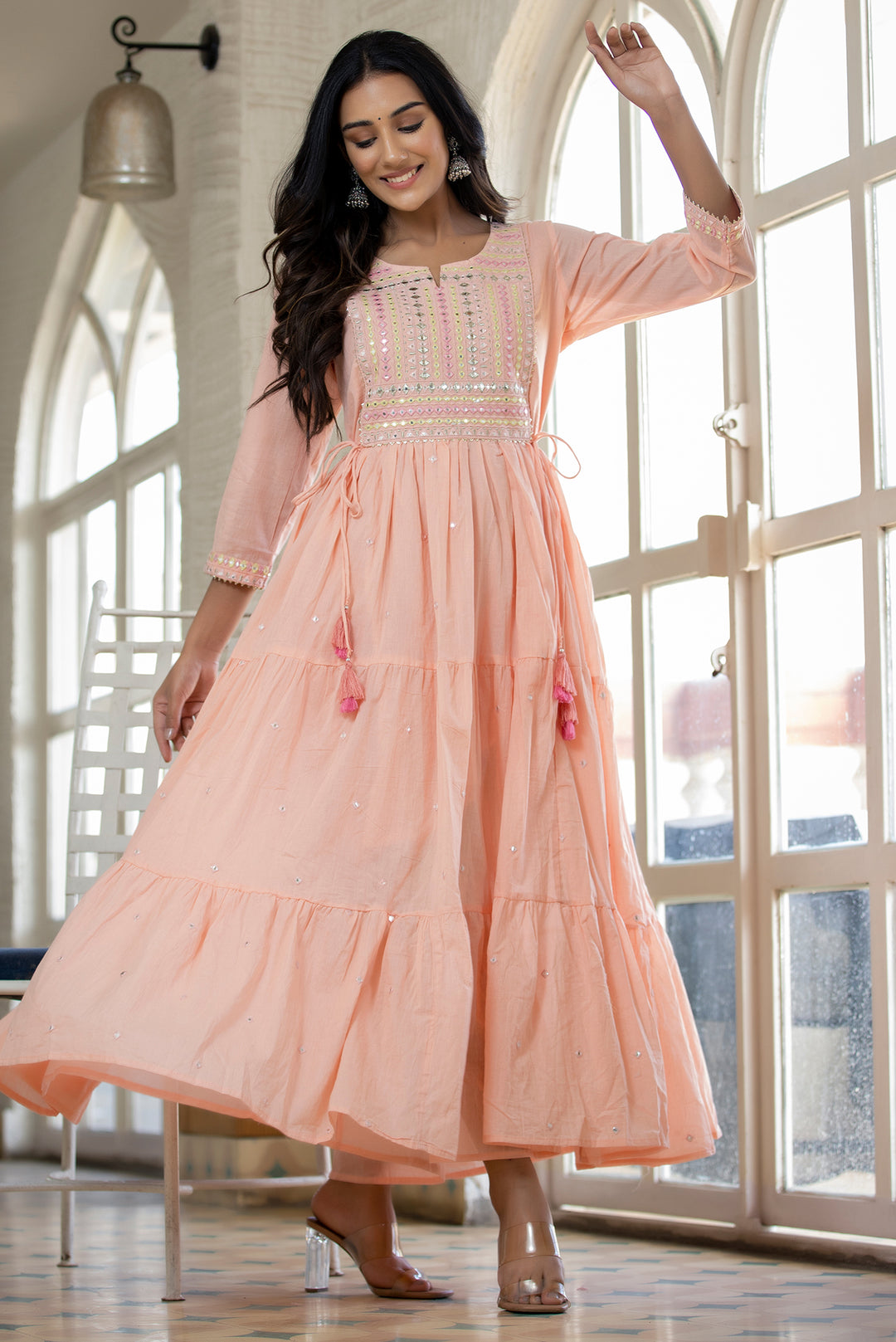 Peach Mirror Embellishment Ethnic Gown