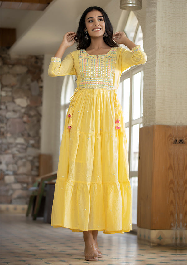 Yellow Mirror Embellishment Ethnic Gown