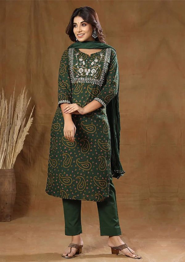 Green Bandhej Embroidery Suit Set (pack of 3)