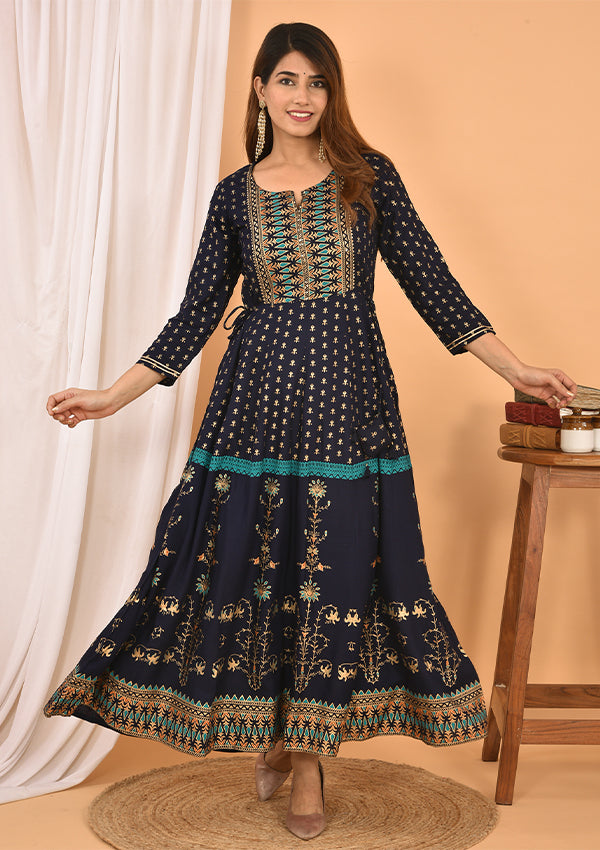 Blue Green Gold Printed Cotton Ethnic Gown (pack of 1)