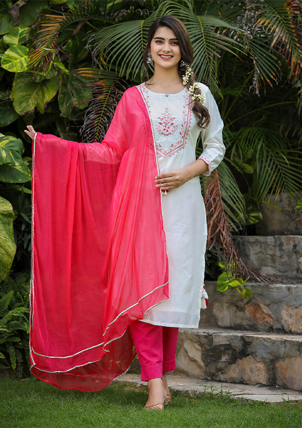 White-Pink Modal Silk Kurta Pant Set With Dupatta