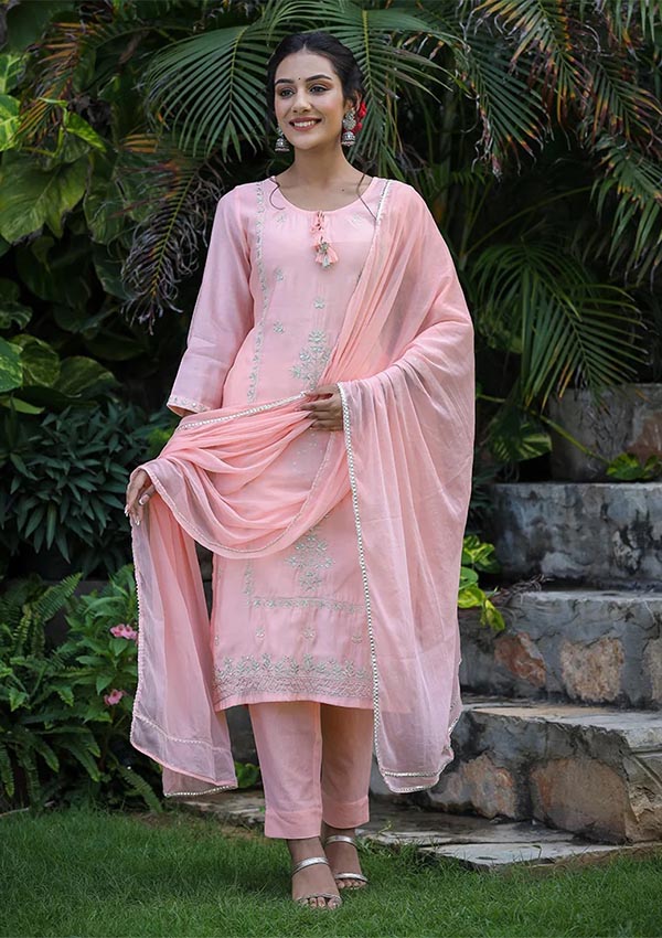 Peach All Over Embroidered Muslin Silk Suit Set