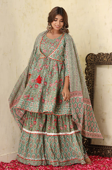 Green Floral Printed Cotton Sharara With Dupatta Set