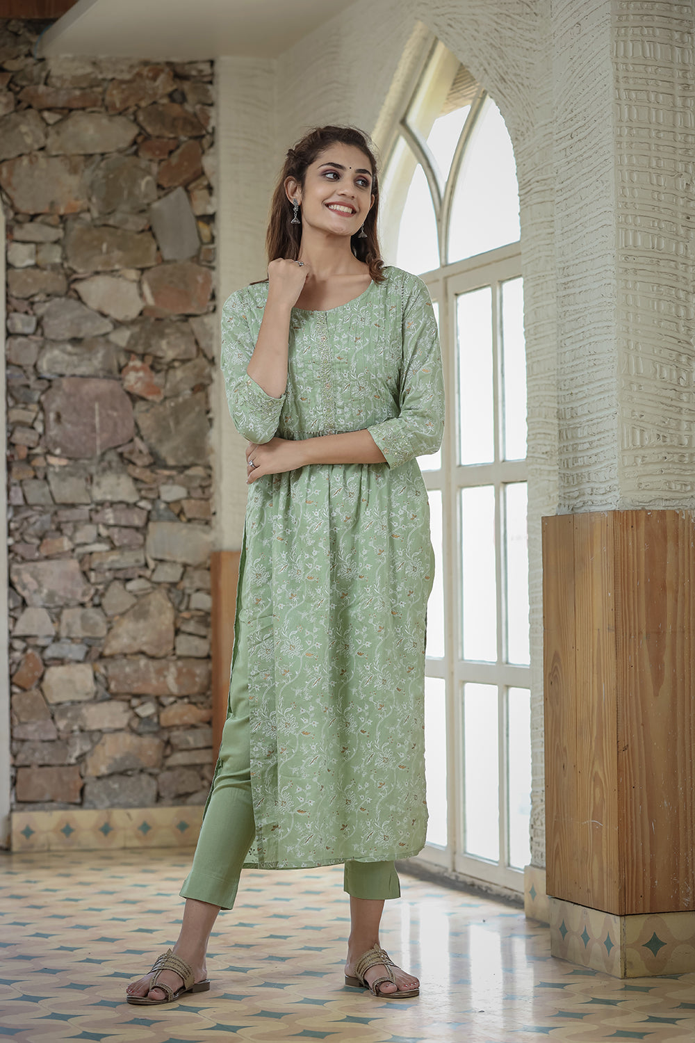 Green Printed Cotton Kurta Pant Set With Dupatta (pack of 3)