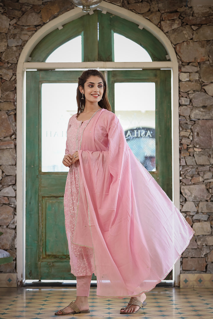 Pink Printed Cotton Kurta Pant Set With Dupatta