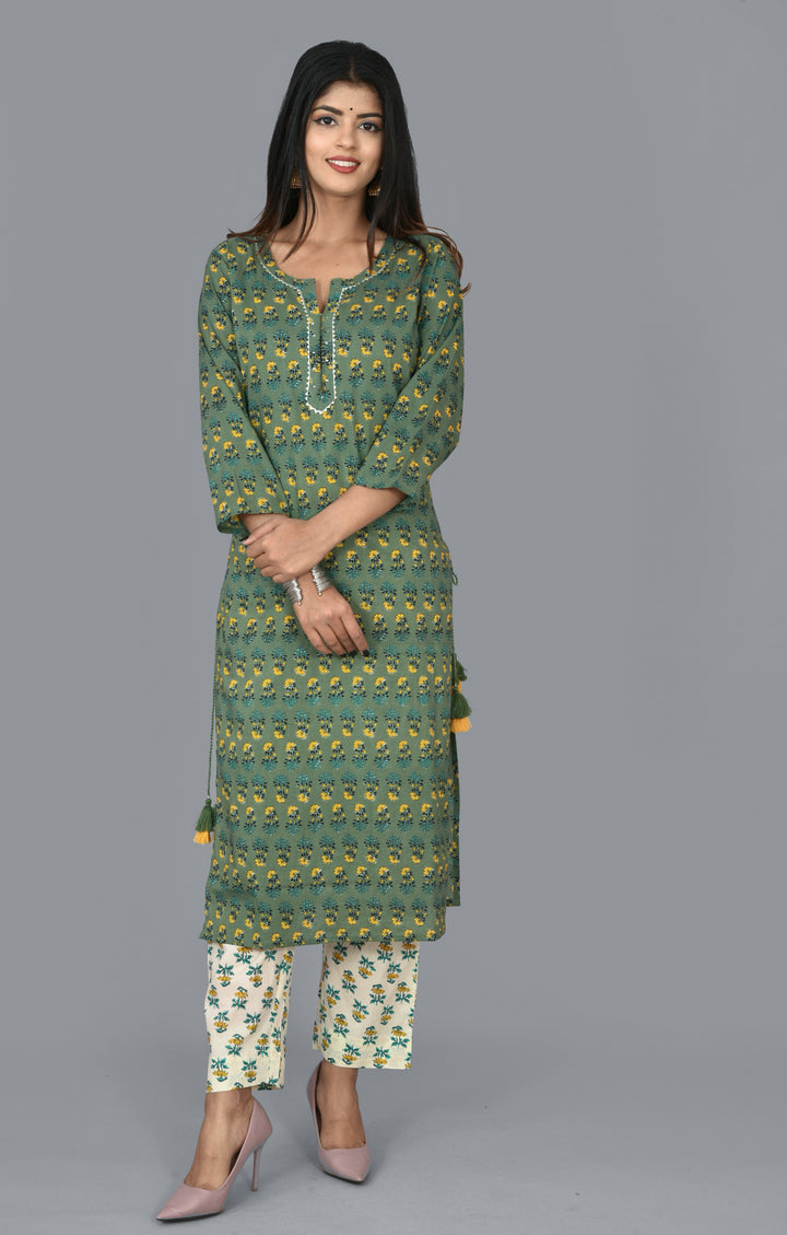Green Floral Printed Cotton Suit Set (pack of 3)