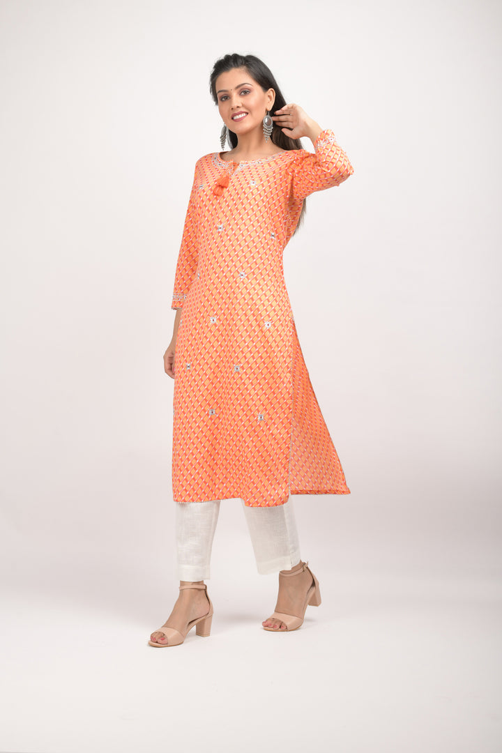 Buy Orange Leheria Ladies Kurti Online in India | Designer Kurta for Women