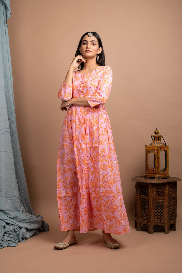 Buy Designer Pink Cotton Ethnic Gown | Best Ethnic Dress for Females Online